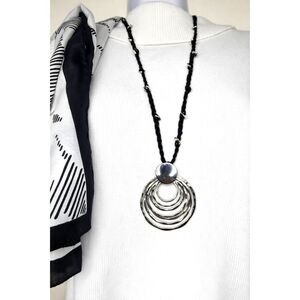 Multi Ring Pendant Necklace Silver Tone Black Braided Bead Cord Hammered Artsy